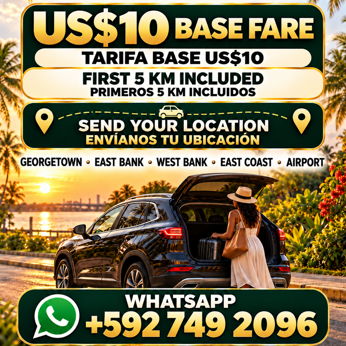 Promotional advertisement for a Guyana taxi service, featuring a woman loading luggage into a black SUV with the trunk open, set against a tropical beach sunset background. The ad includes text in English and Spanish detailing a $10 base fare, 5 km inclusion, and a WhatsApp contact number.